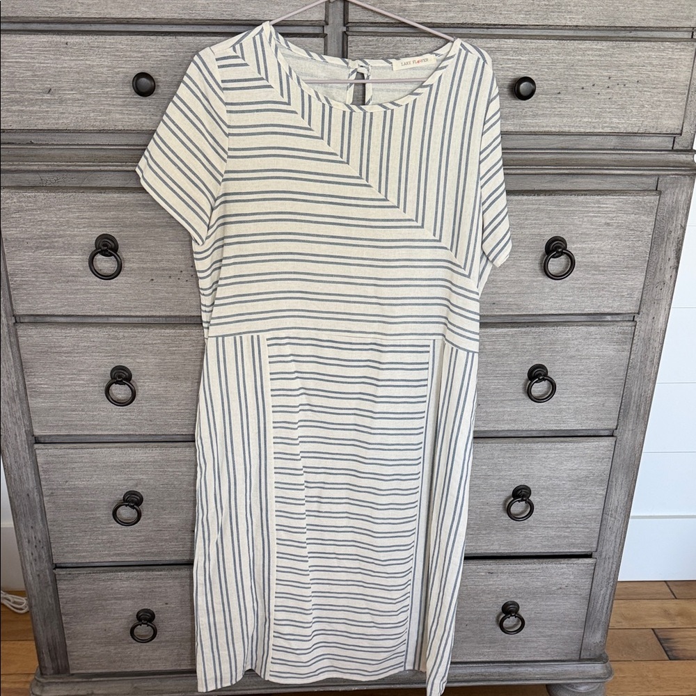 Striped Short-Sleeve Linen Blend Dress - Ivory & Navy